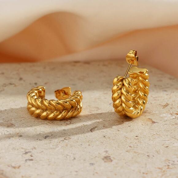 Vintage Woven C-Shape‎ Hoop Earrings 18K Gold Plated Stainless Steel - Picture 9 of 11
